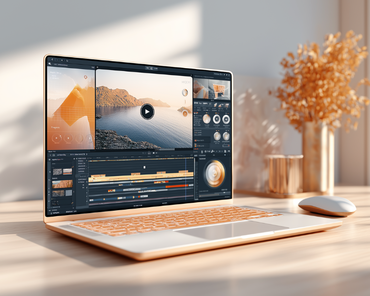 Hochwertiges goldenes Laptop, worauf ein Videobearbeitungstool zusehen ist.
