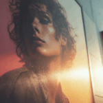 Porträtfoto einer Person auf einem großformatigen Printposter an einer Außenwand, beleuchtet von warmem Sonnenlicht, das die Wirkung von Branding und Print eindrucksvoll zeigt.