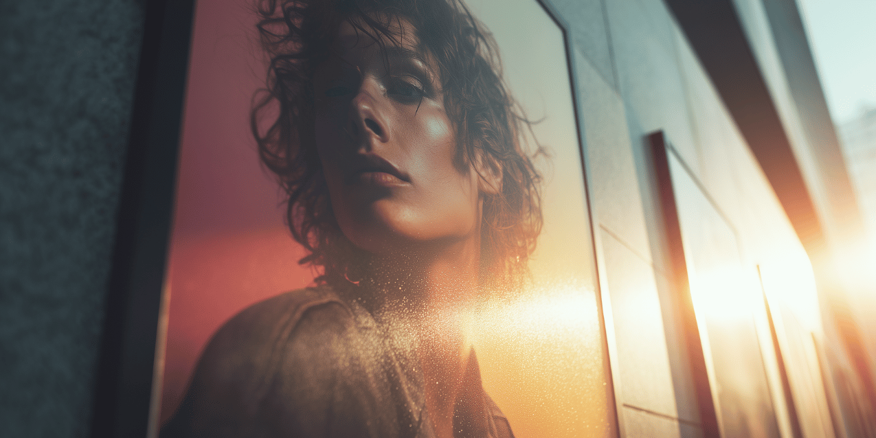 Porträtfoto einer Person auf einem großformatigen Printposter an einer Außenwand, beleuchtet von warmem Sonnenlicht, das die Wirkung von Branding und Print eindrucksvoll zeigt.