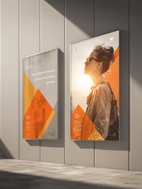 Großformatiges Werbeplakat mit modernem, orangefarbenem Design und einer stilvollen Person in Seitenansicht – Beispiel für hochwertigen A0-Plakatdruck.