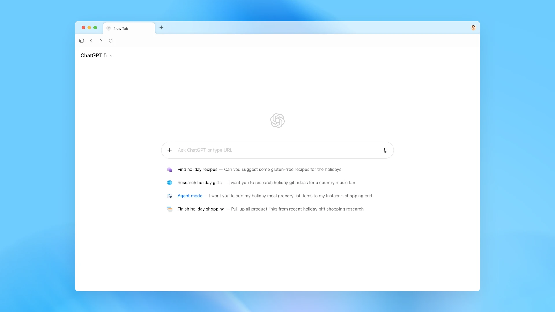 Screenshot der ChatGPT-Atlas Benutzeroberfläche mit Suchfeld, Navigation und Beispielvorschlägen – offizielle Darstellung des KI-Browsers, wie er Inhalte analysiert und als Ausgangspunkt für Recherchen dient.