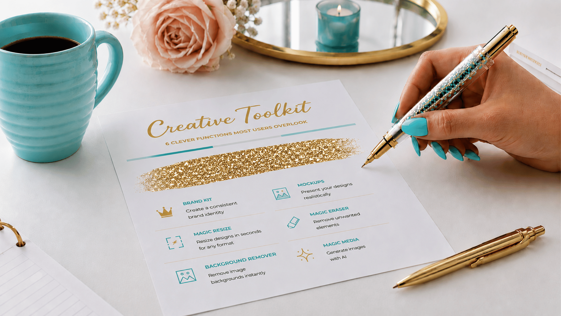 Design-Arbeitsplatz mit Creative Toolkit und Übersicht praktischer Canva Funktionen.