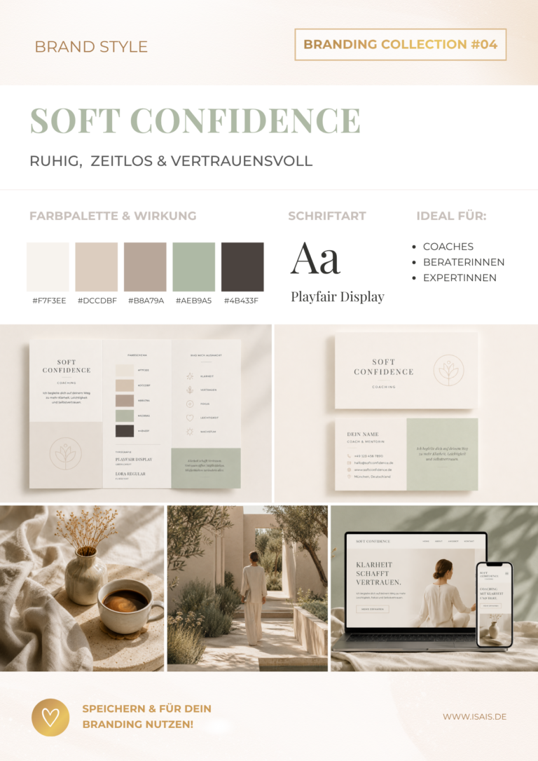 "Soft Confidence" ist eine neutrale Farbpalette in Beige, Salbeigrün und Taupe. Das Bild zeigt passende Schriftarten, Branding-Elemente wie Visitenkarte und Style Guide, Website-Mockup sowie Moodbilder.