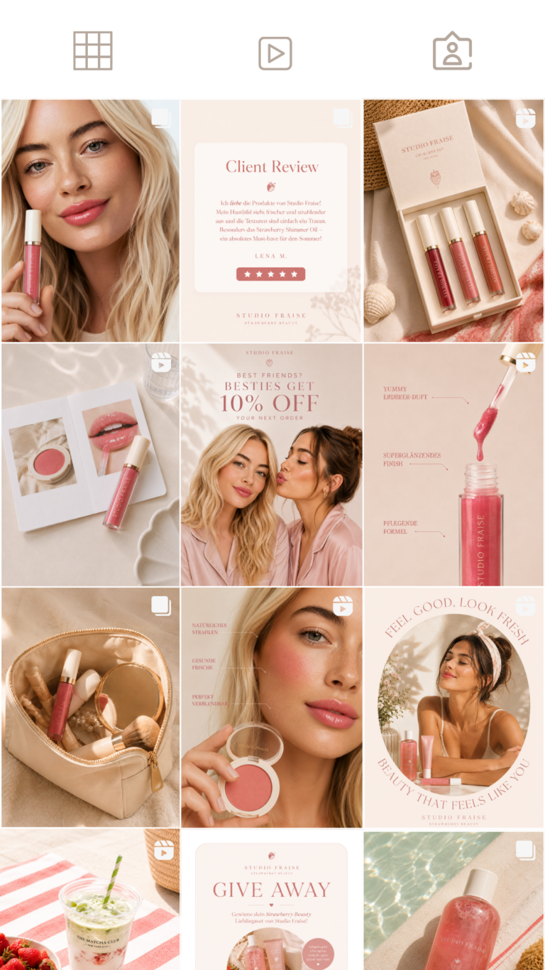 Einheitlich gestalteter Instagram Feed für eine Beauty-Marke in Rosé- und Cremetönen