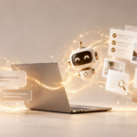 KI-Agenten einfach erklärt: Laptop mit schwebenden Chatblasen, einem KI-Roboter und digitalen Aufgabenübersichten. Goldene Lichtlinien und Glitzer symbolisieren den Übergang vom klassischen Chatbot zum KI-Agenten.
