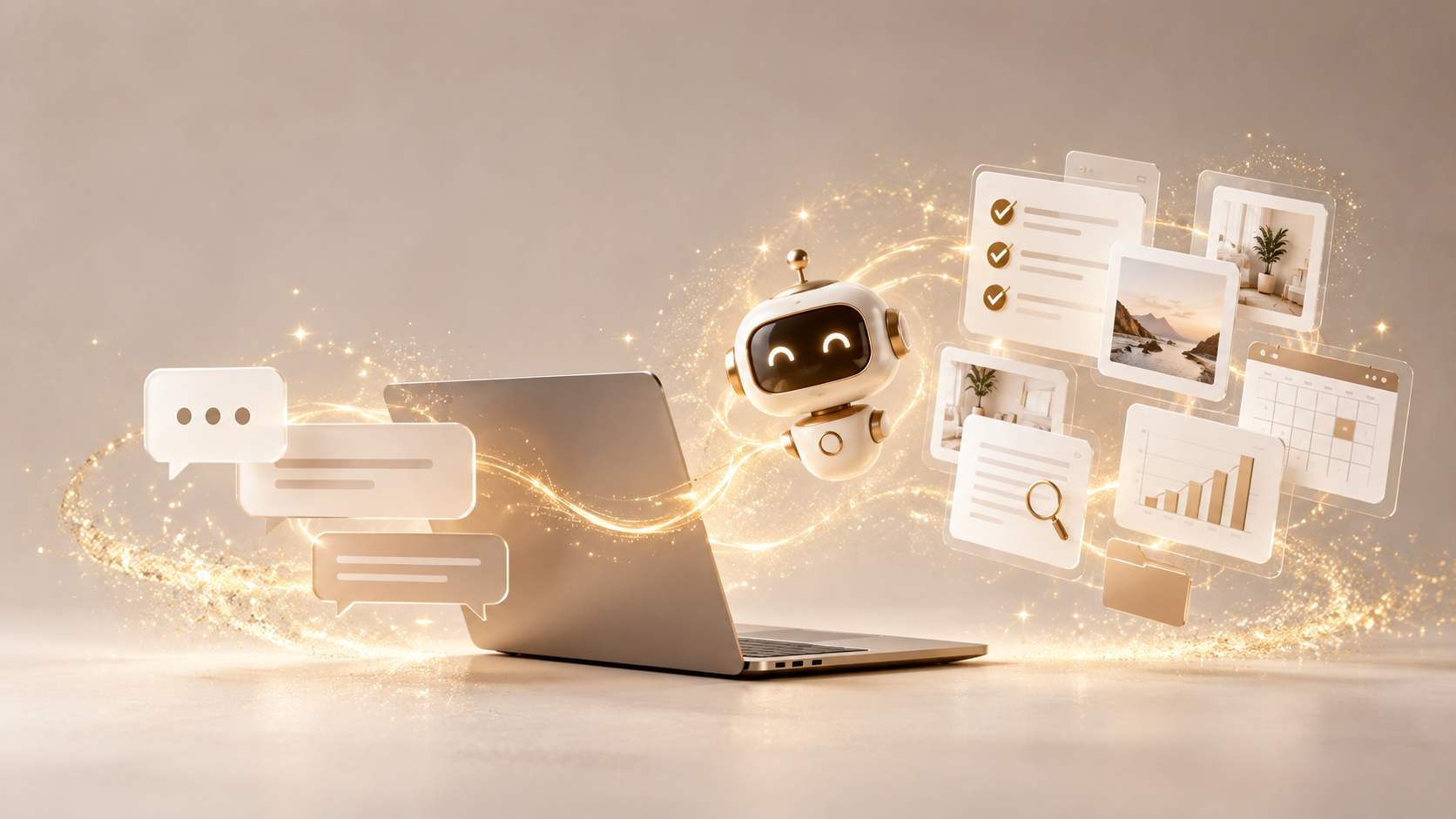 KI-Agenten einfach erklärt: Laptop mit schwebenden Chatblasen, einem KI-Roboter und digitalen Aufgabenübersichten. Goldene Lichtlinien und Glitzer symbolisieren den Übergang vom klassischen Chatbot zum KI-Agenten.